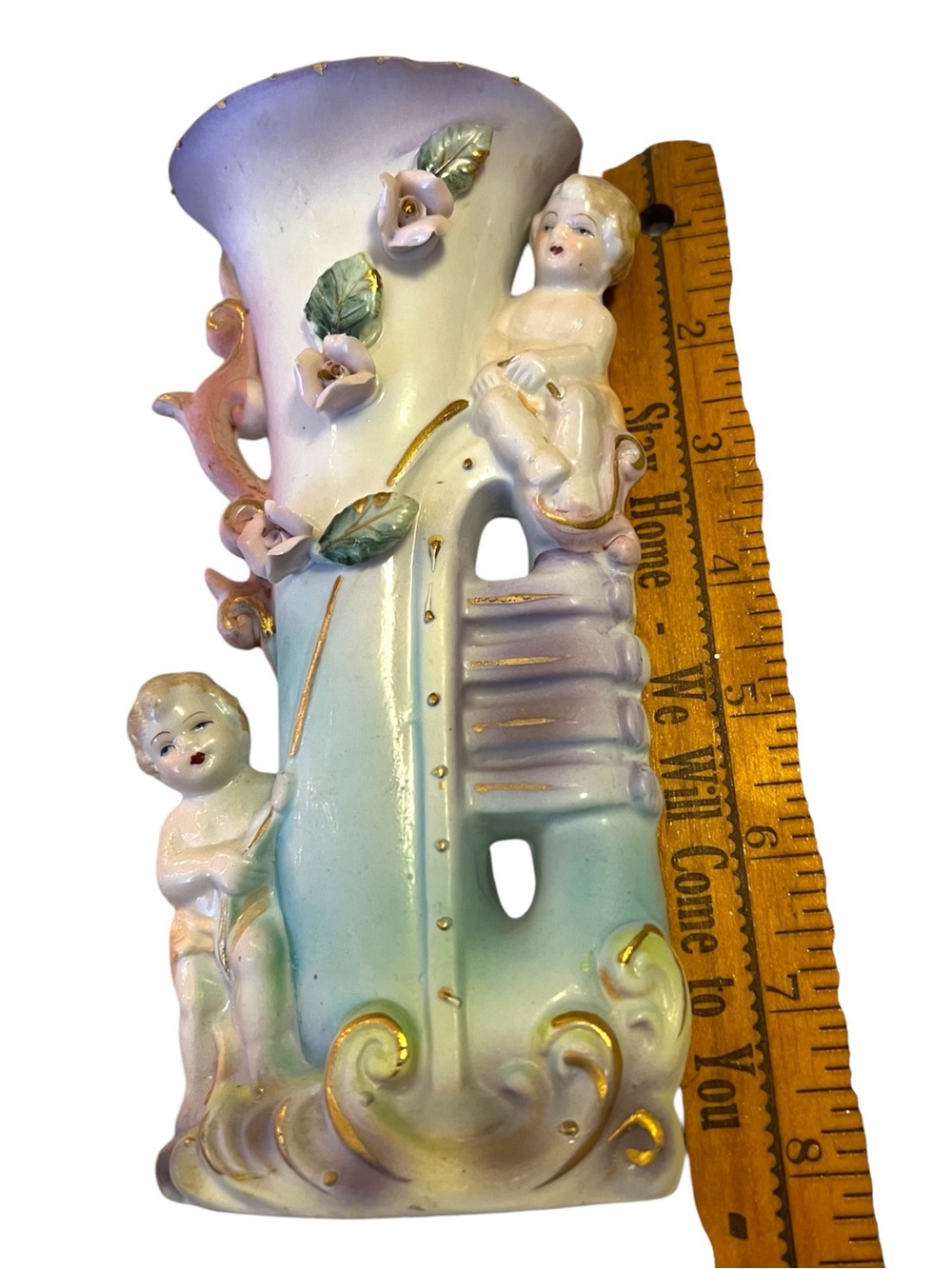 Vintage Cherub Piano Porcelain Vase Putti Roses Gold Japan Style - Picture 6 of 8